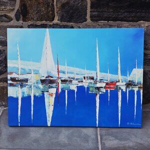 K. Hillman Colorful Abstract Expression Sailboat Harbor Large Painting 45" × 33"